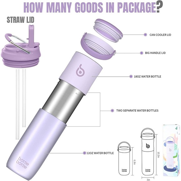 BOTTLE BOTTLE Insulated Water Bottle with Straw 2 lids 18oz 3 IN 1 Purple - Picture 2 of 6
